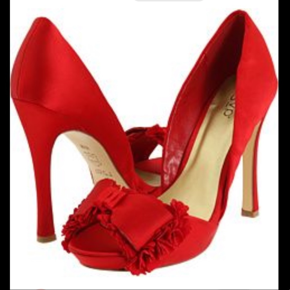 New red open toe D’Orsay stiletto heels